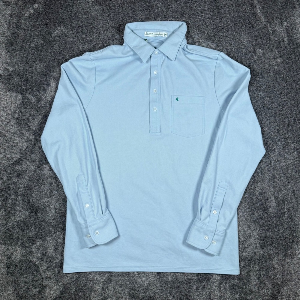 Criquet Mens Long Sleeve Players Shirt Light Blue Pima Cotton Polo Slim Fit L